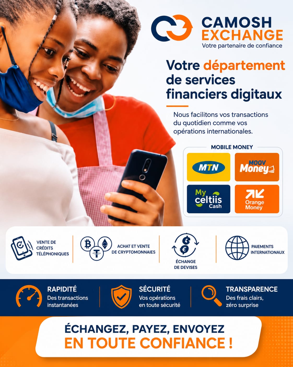 Affiche Camosh Exchange : mobile money, cryptomonnaies, devises et paiements internationaux
